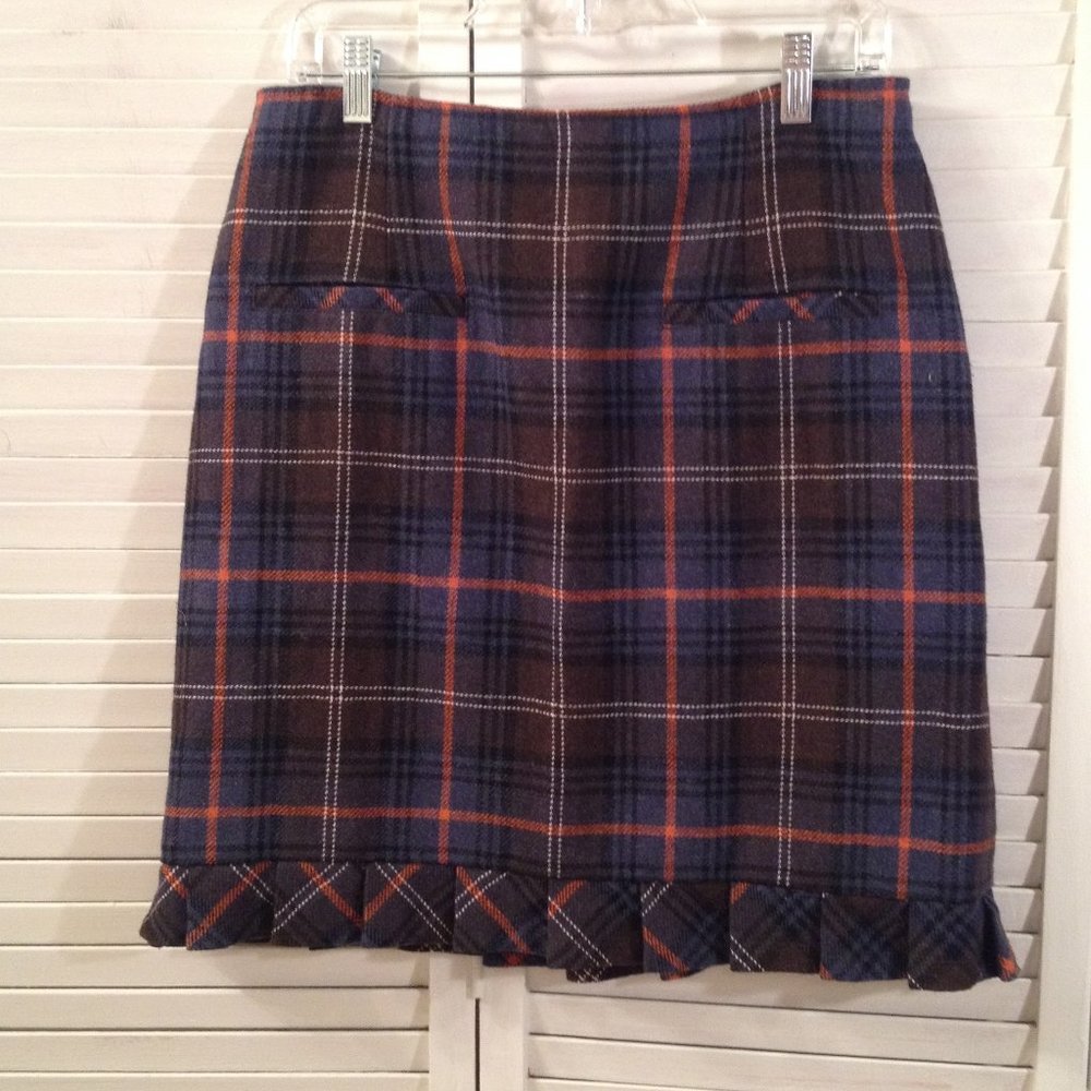 Cabi 12 Lined Brown Orange Blue Plaid Pleated Wool-Blend Winter Career Skirt